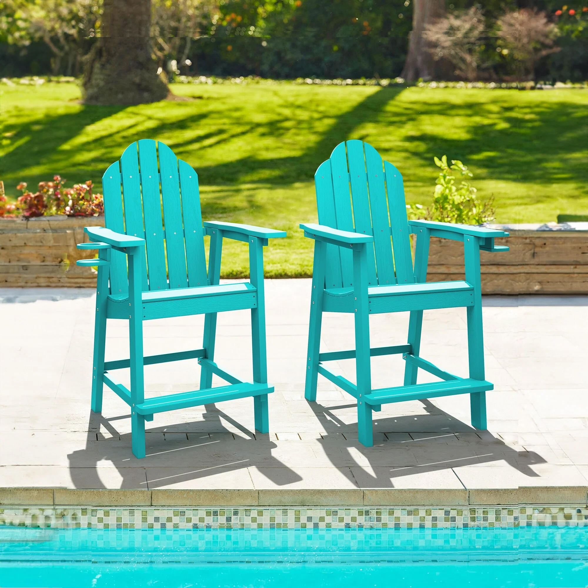 LUE BONA Outdoor All Weather Resistant Plastic Bar Height Set of 2 Adirondack Chairs with Cup Holder
