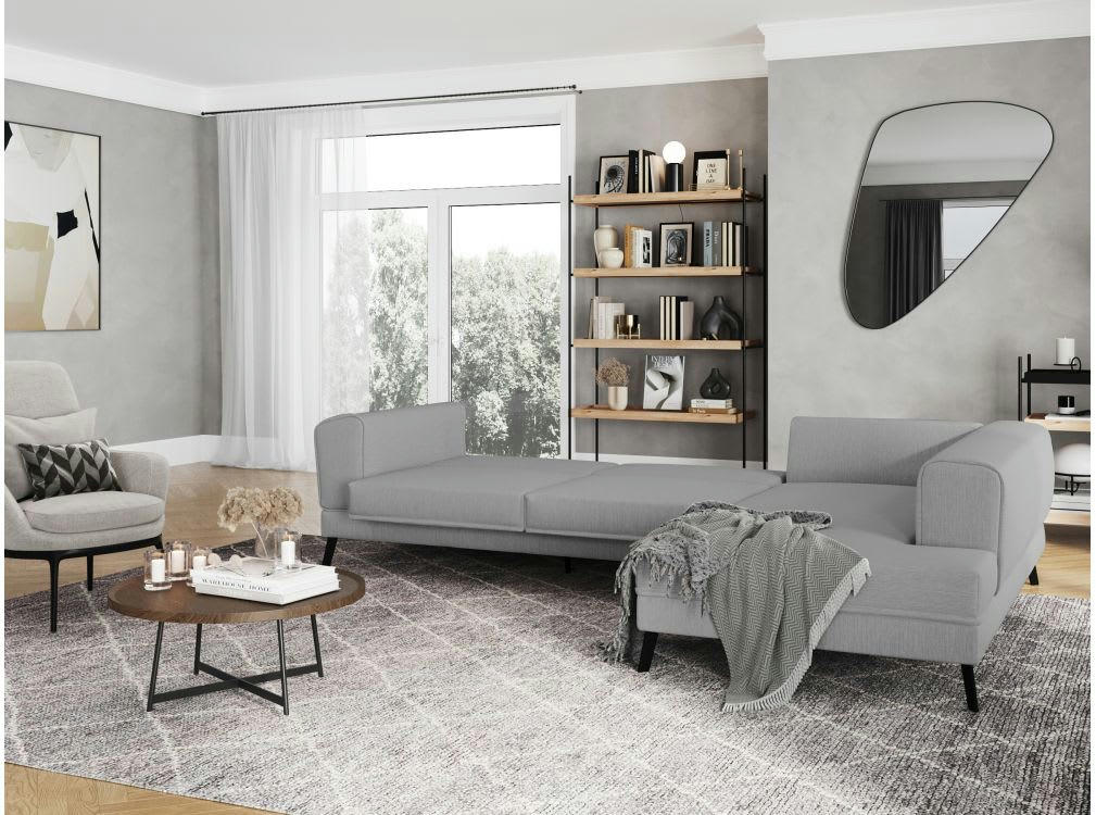 INDIA - Canapé d'angle droit convertible 2 coffres en tissu - Gris clair