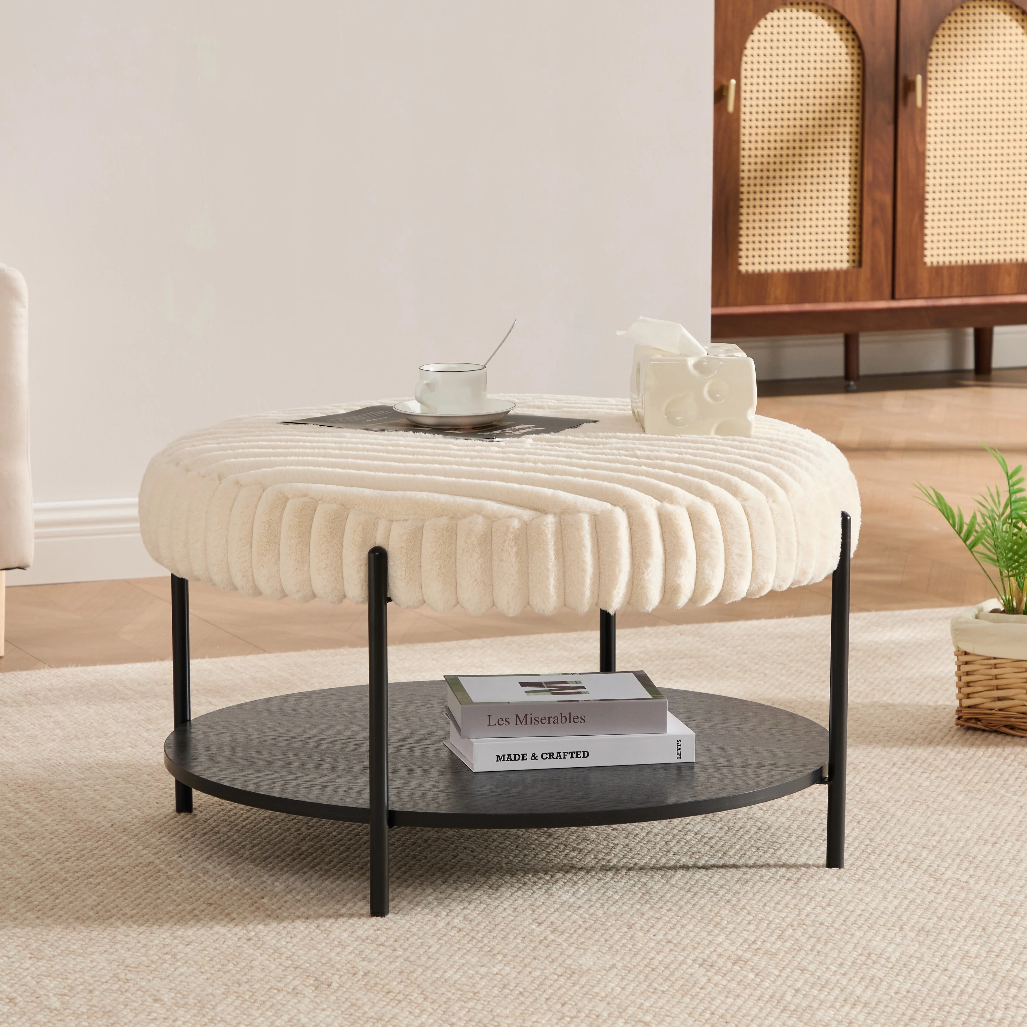 30.9W Upholstered Coffee Table Ottoman,Round Coffee Table Bench with Storage Shelf and Metal Legs