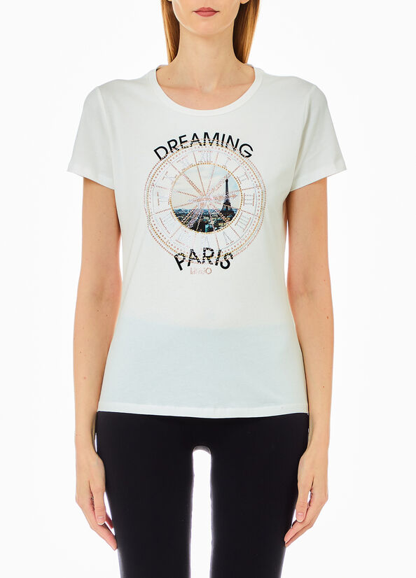T-shirt con stampa e strass