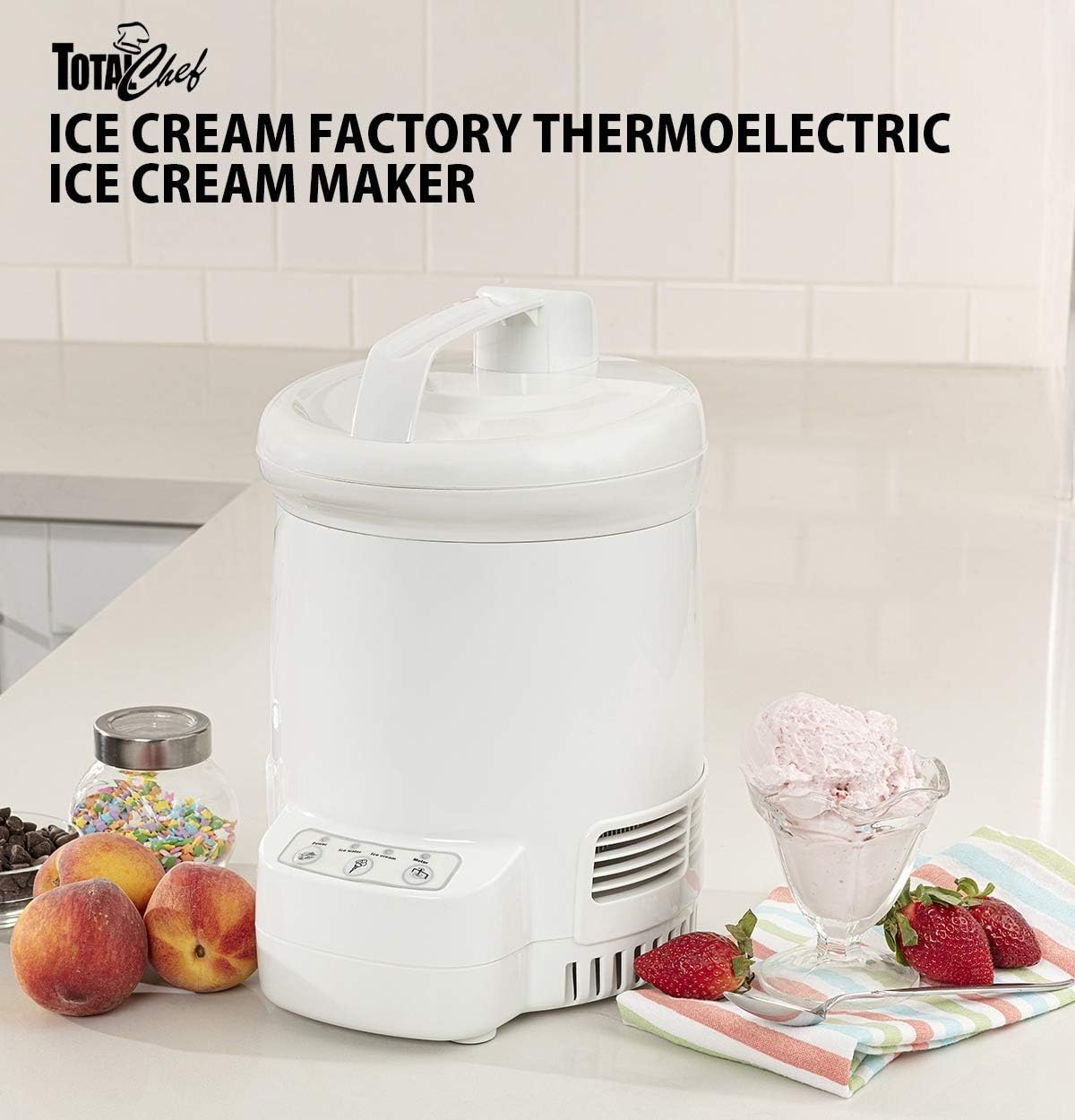 Total Chef Ice Cream Factory Automatic Electric Ice Cream Maker, 1.3 qt (1.2L), White, Make Easy Homemade Frozen Yogurt, Sorbet, Gelato with Fresh Ingredients, No Salt or Pre-Freezing Needed,TCIF06-A