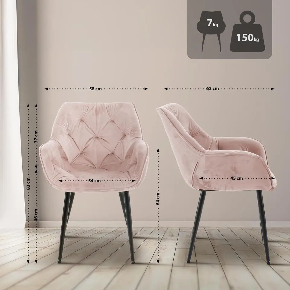 CLP Set van 4 Eetkamerstoel Tanna zwart Frame - Fluweel - roze