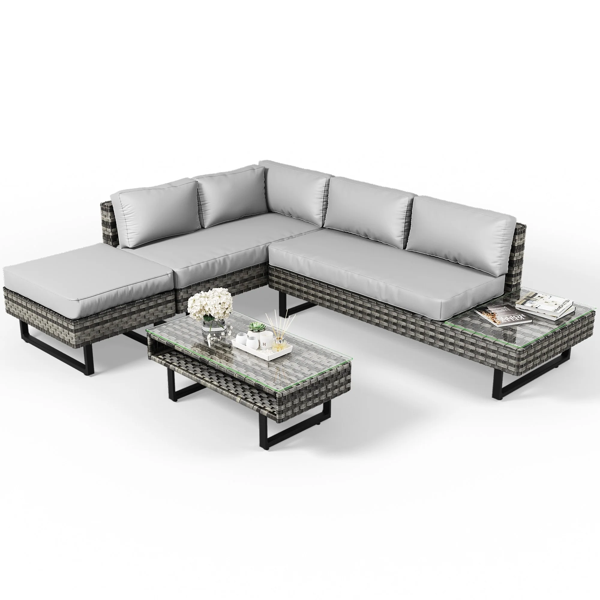 Moasis Wicker 4-Pieces Set Outdoor Patio Sectional L-Shaped Sofa Set with Coffee Table