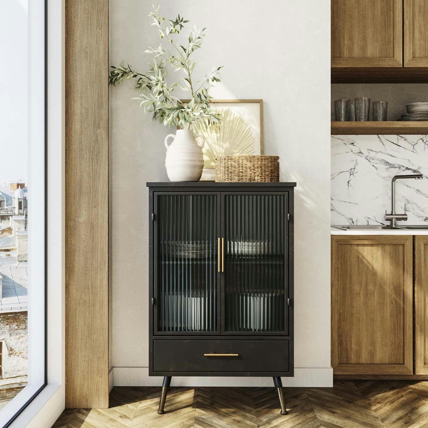 LA GOMERA - Buffet industriel 2 portes 1 tiroir en acier et verre