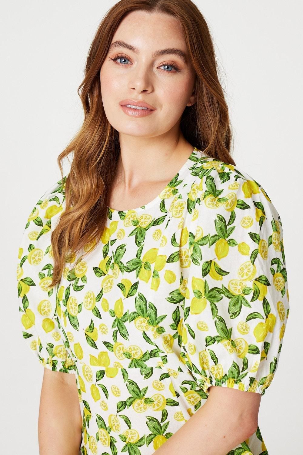 Izabel London Lemon Print Puff Sleeve Midi Dress