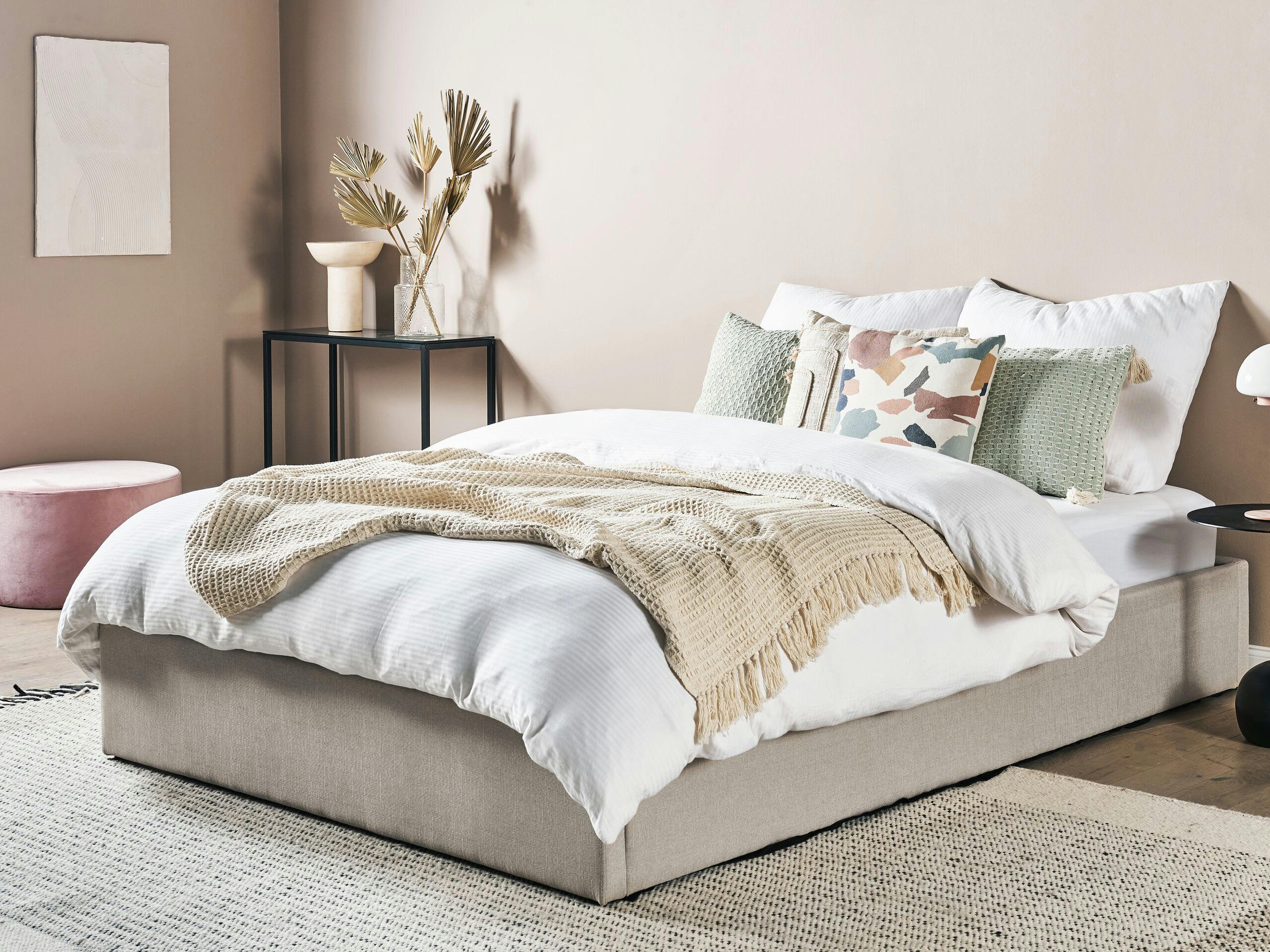DINAN - Lit double en tissu beige 160x200
