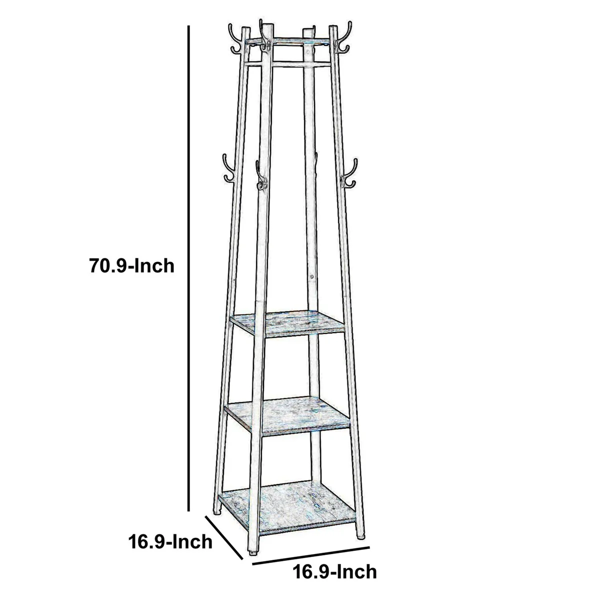 Metal Framed Ladder Style Coat Rack with Three Wooden Shelves