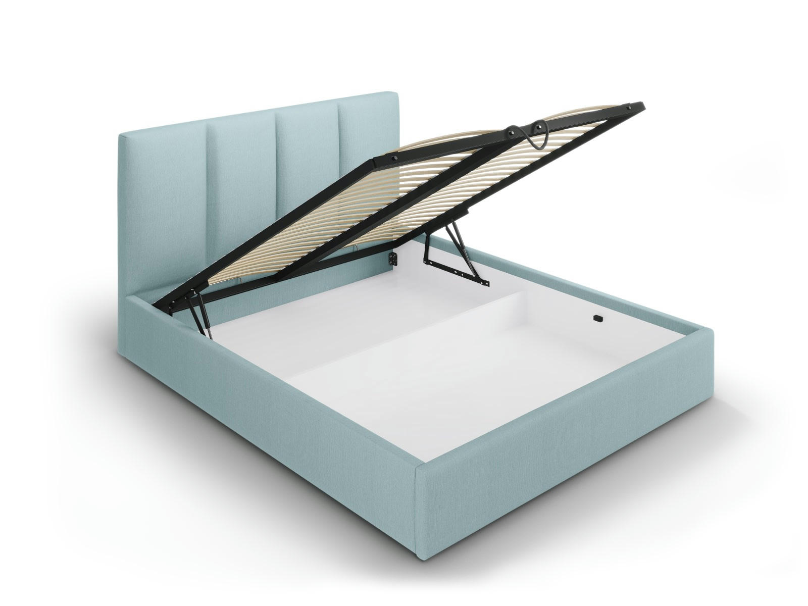 PYLA - Lit coffre avec tête de lit 140x200 cm en tissu structuré bleu clair