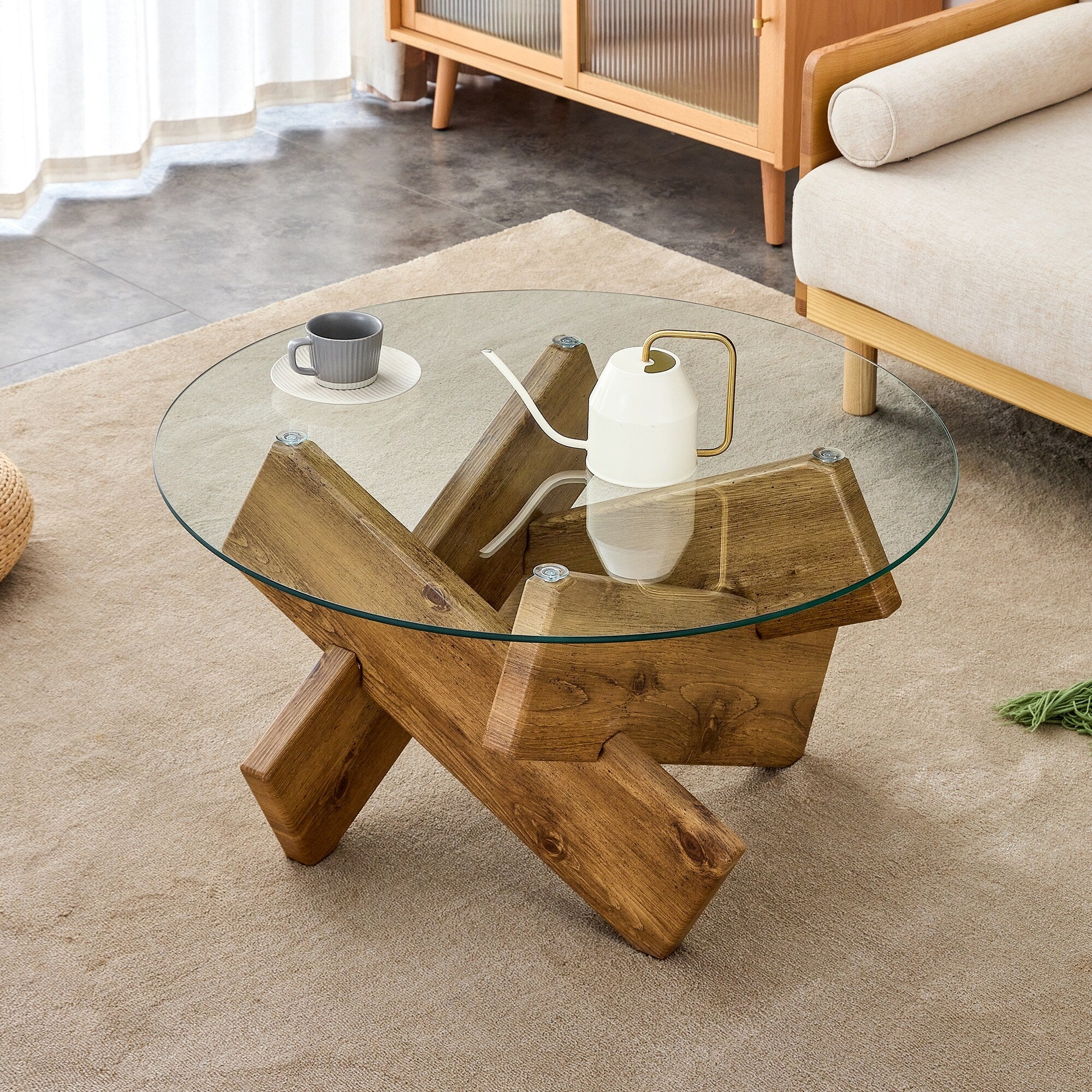 Round Glass Coffee Table, 33.4 Modern Side Table with Spliced Table Legs Center Table for Living Room, Bedroom