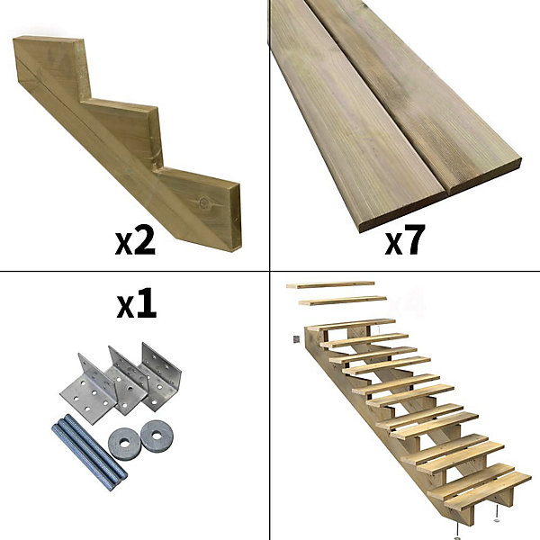 Escalier Bois Exterieur - 7 Marches - Largeur : 80 cm - Marches découpables - Sans Contremarches - Pin du Nord