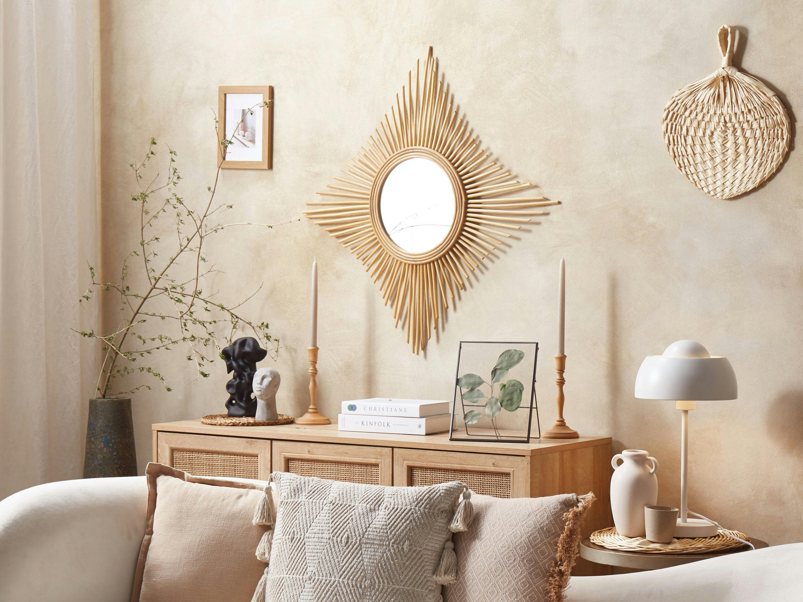 MAJENE - Miroir en rotin beige 60x60