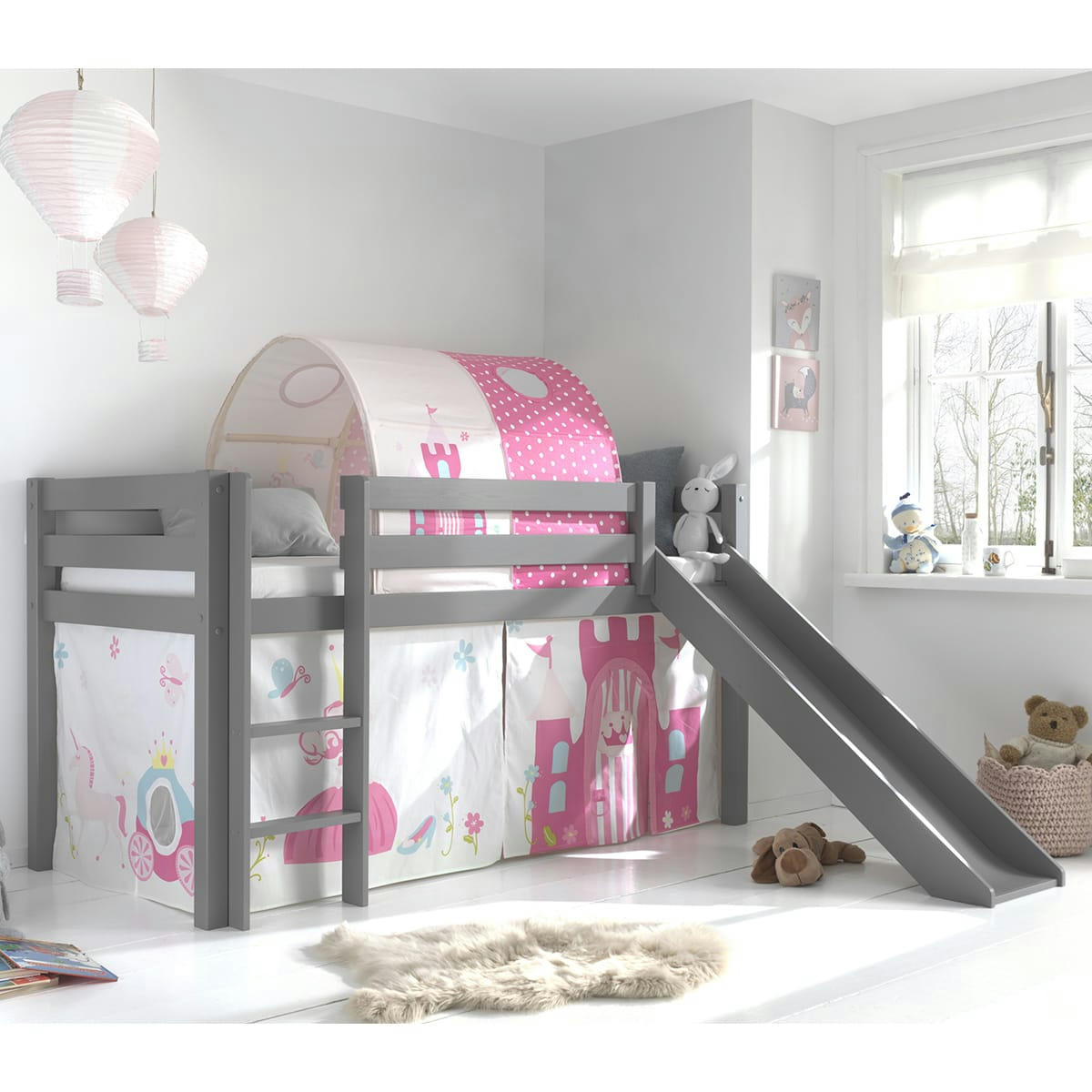 PINO - Lit mi-hauteur 90x200 toboggan sommier inclus housse princesse gris