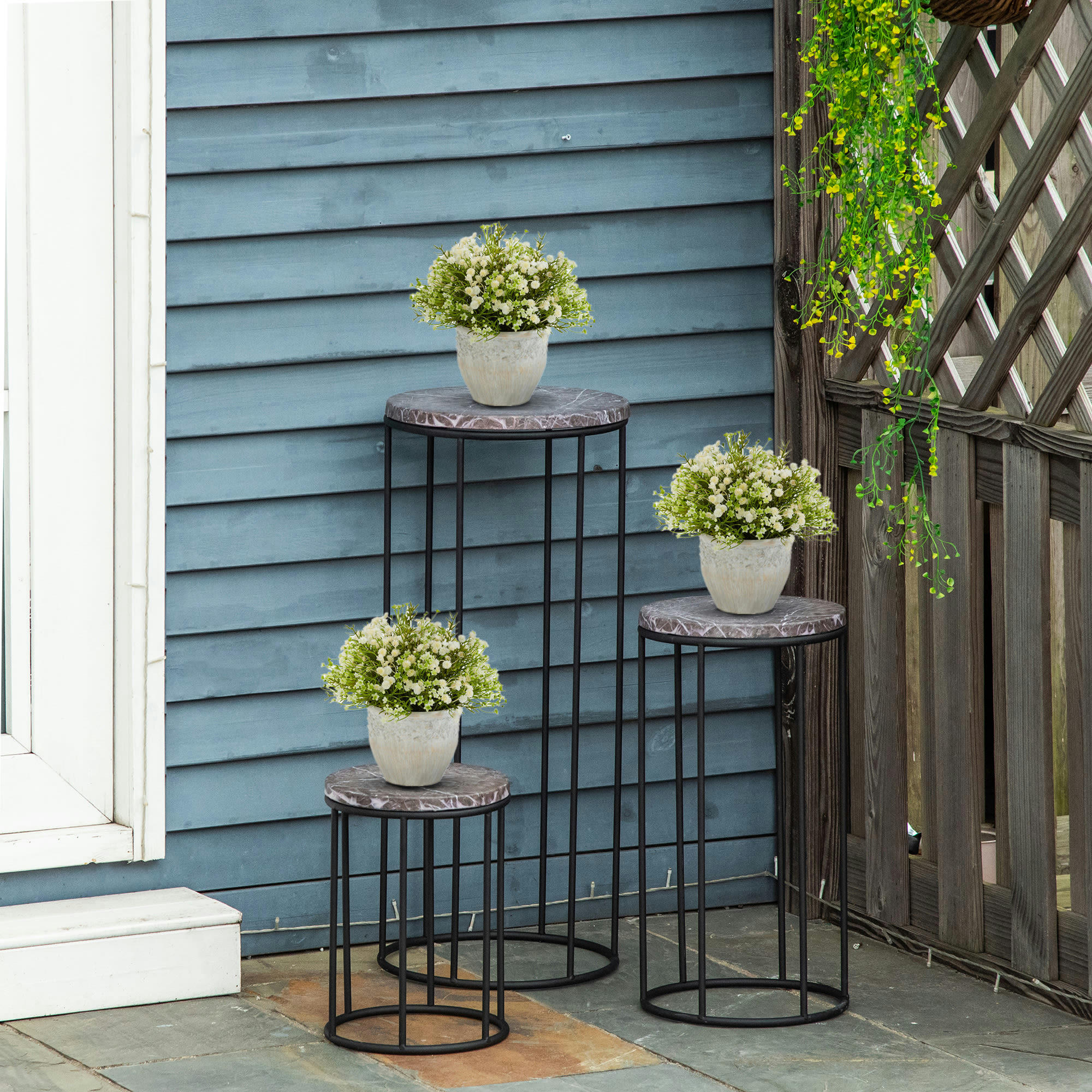 - Support pot de fleurs 3 pièces métal époxy plateaux aspect marbre gris