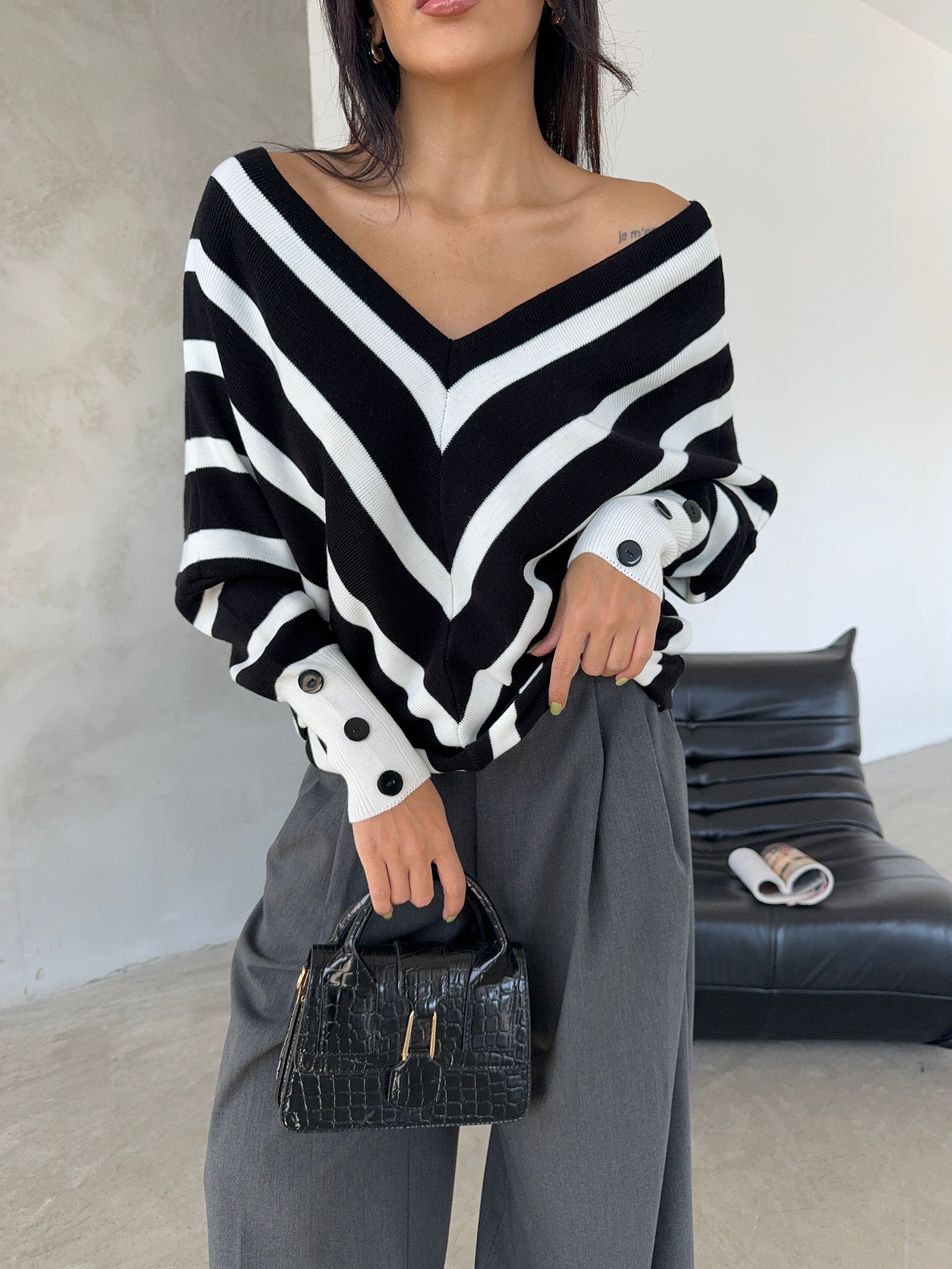 Belissh Off-Shoulder Striped Knit Sweater with Button Details