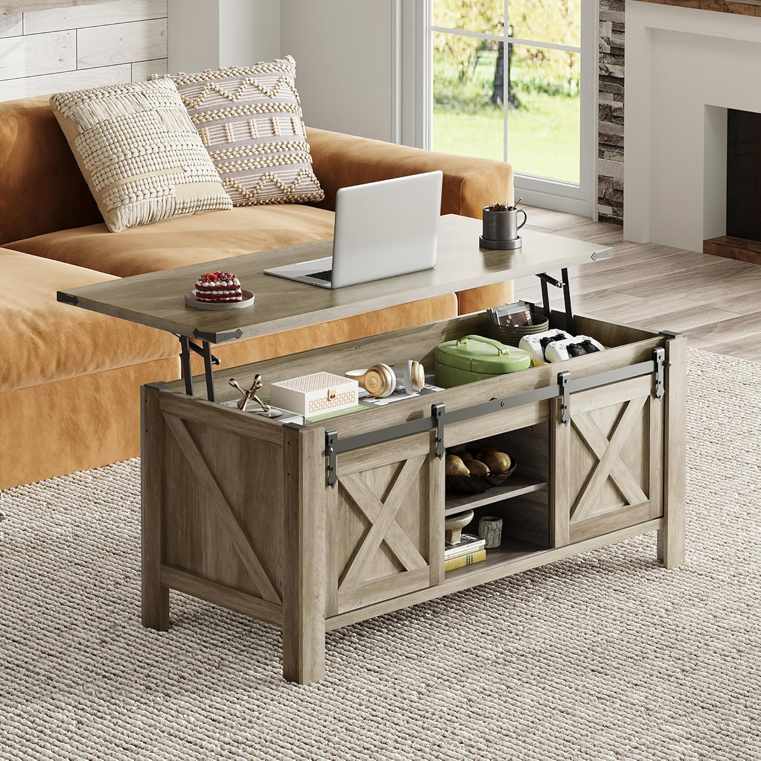 WLIVE 47.3 Farmhouse Lift Top Coffee Table with Sliding Barn Doors, Large Hidden Storage Compartment and Adjustable Shelf for Living Room,Office, Greige