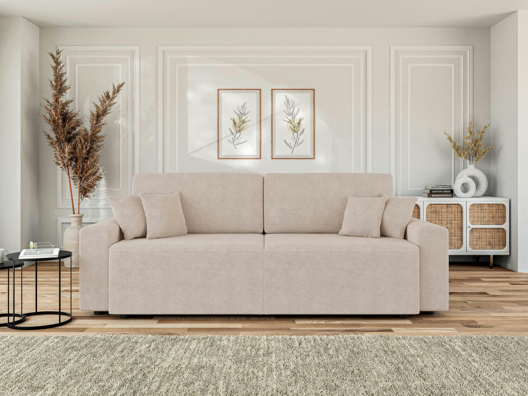 MILO - Canapé droit convertible en tissu 3 places beige