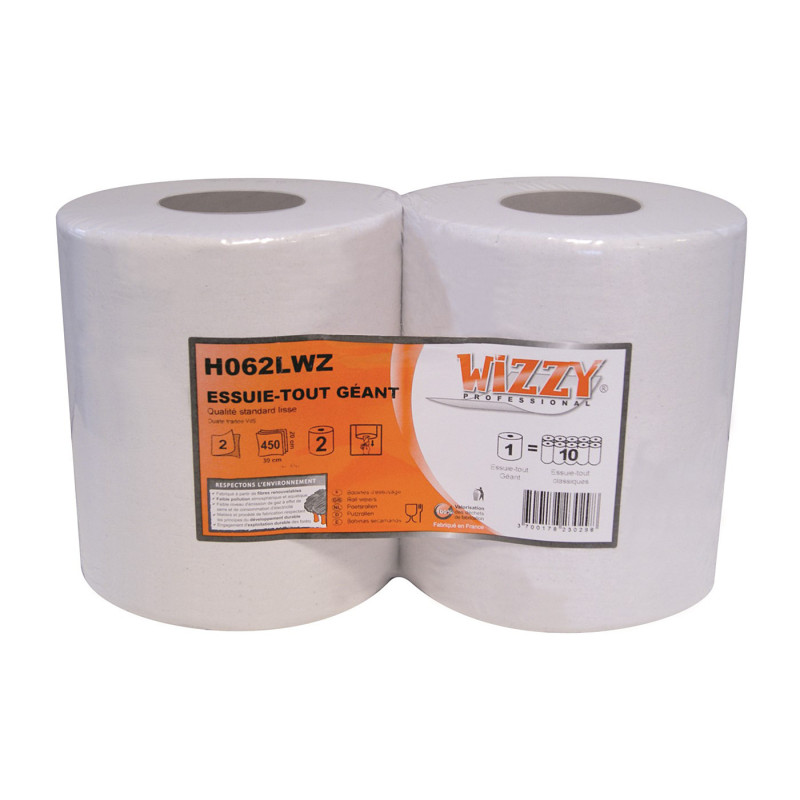Rouleau essuie-tout géant double épaisseur 450 feuilles 2 pièces WIZZY