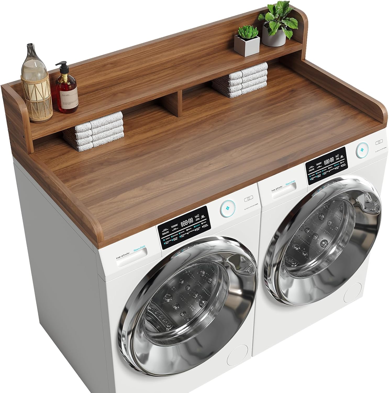 2-Tier Washer Dryer Countertop with 2.75 H Edge Rails, 54 W x 27.55 D Laundry Countertop for Folding Clothes, Washer and Dryer Topper with Non-Slip Pad (Dark Walnut)
