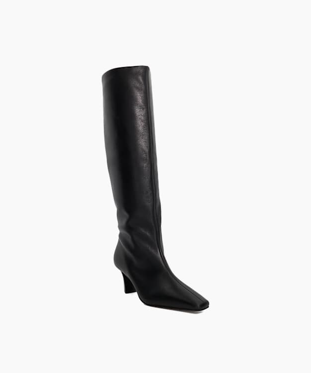 Selinni Black - Leather Flared Heel Knee High Boots