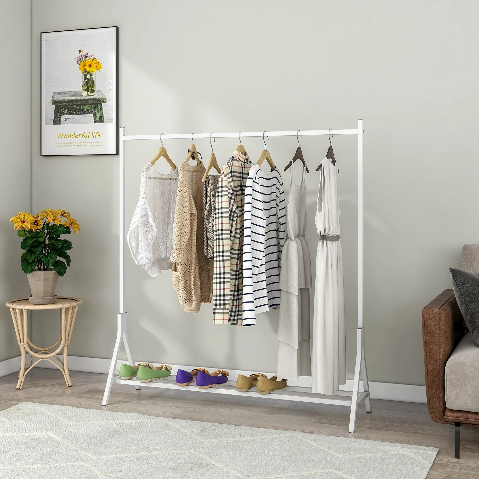 Modern Freestanding Coat Rack with Multifunctional Single Rod, Triangle A Frame Design, for Bedroom, White
