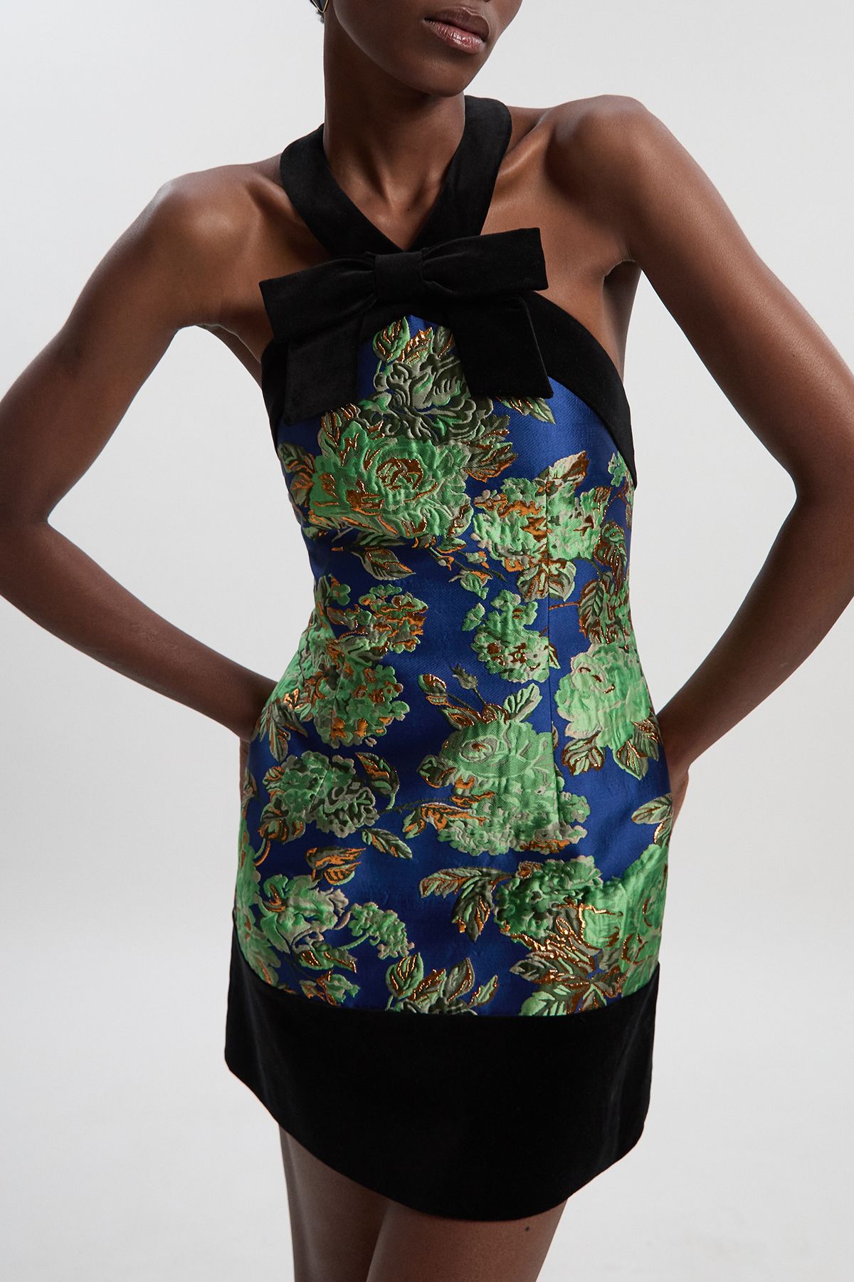 KarenMillen Tall Velvet And Jacquard Contrast Halterneck Tailored Mini Dress