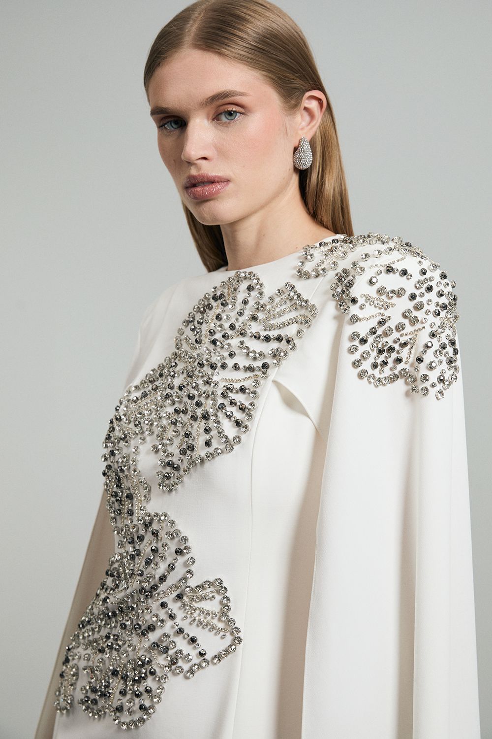 KarenMillen Placed Floral Crystal Embellished Tailored Drama Cape Maxi Dress