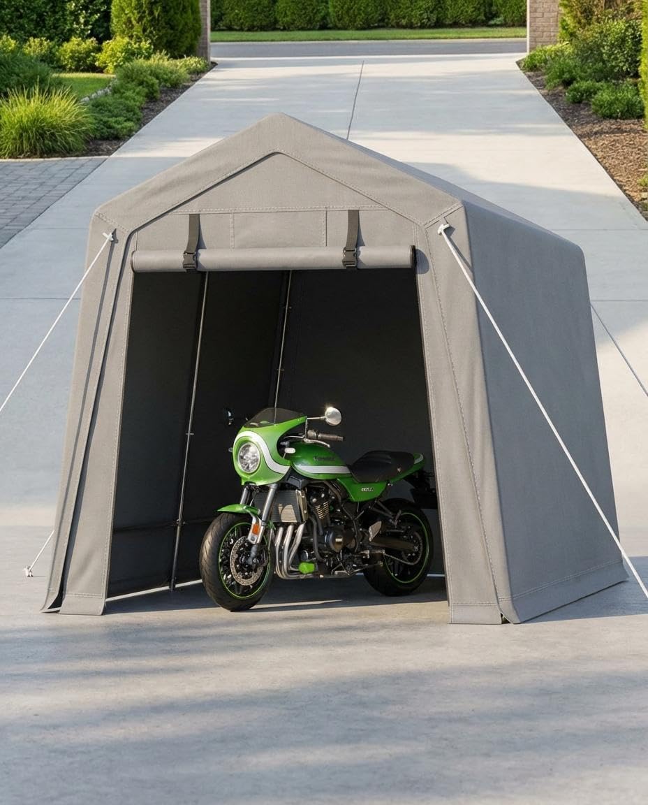 Heavy Duty Outdoor Motorcycle Storage Outdoor Storage Tent – Waterproof & UV-Resistant Garage Shelter with Roll-Up Zipper Doors – Portable Carport for Bikes, Firewood – Grey, 7x10FT