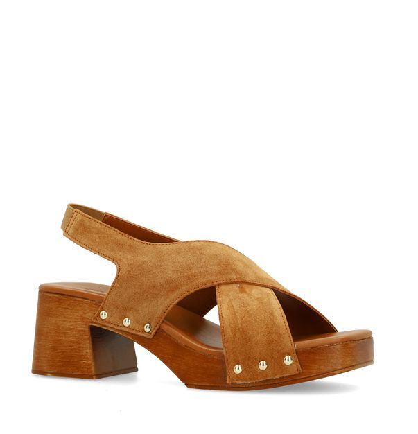 Cognac suède sandalen met houten hak