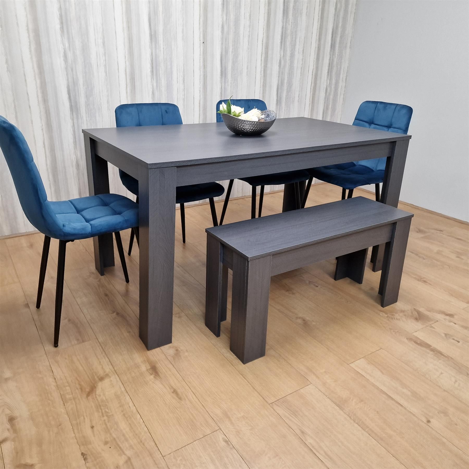 KOSY KOALA Kosy Koala Modern Dark Grey Dining Table Set with 4 Blue Velvet Chairs And 1 Bench