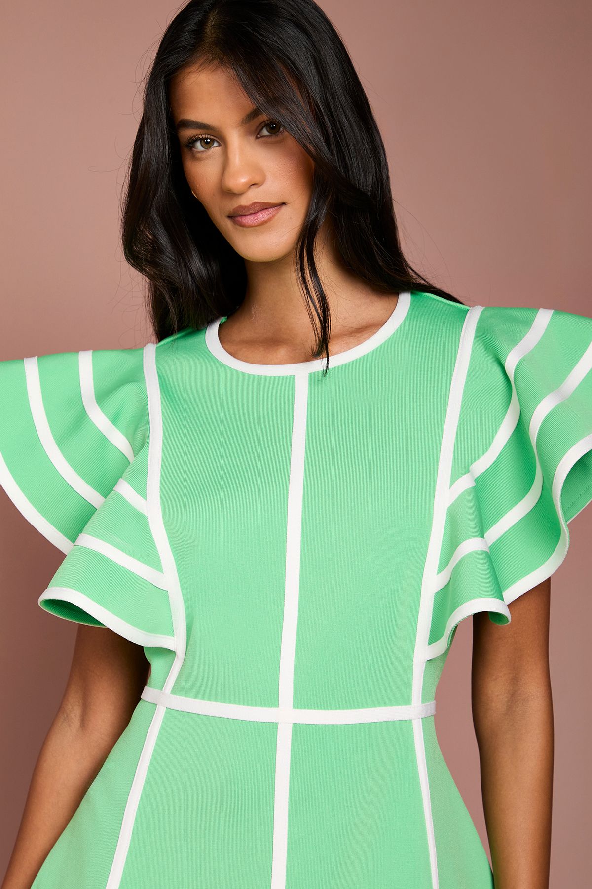 Coast Petite Ruffle Shoulder Piped Bandage Midi Dress