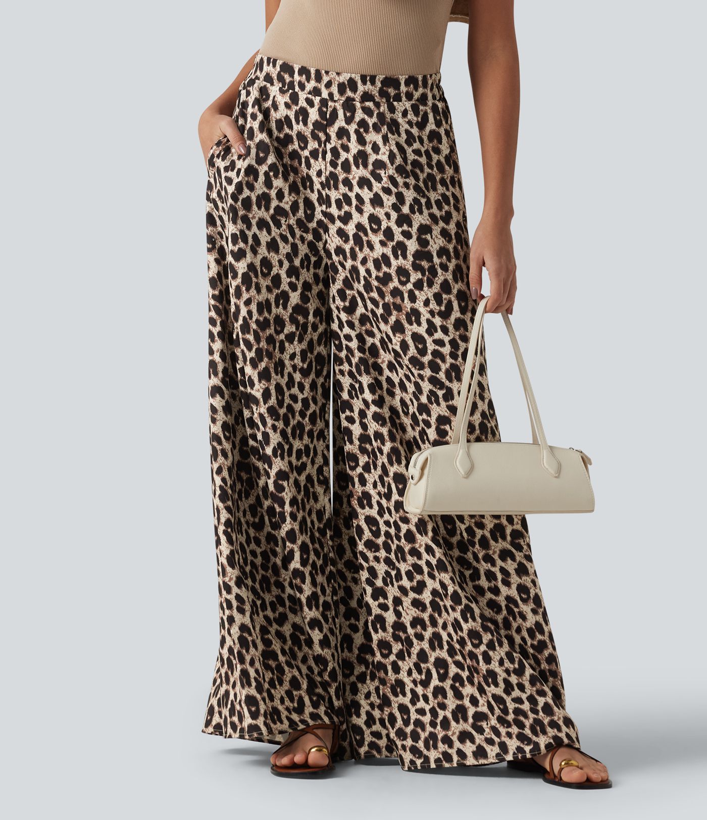 Pantalon large casual taille haute imprimé léopard, avec poches