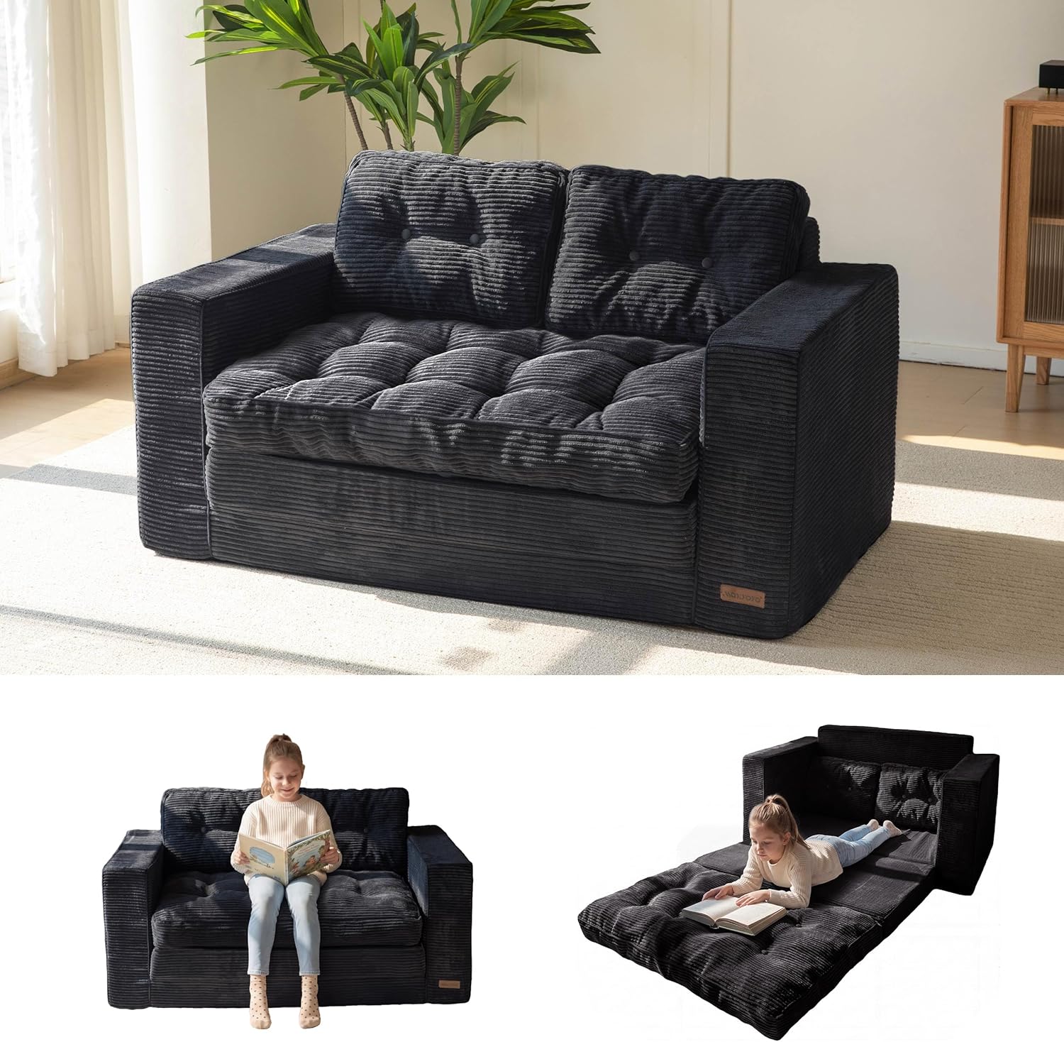 MAXYOYO Convertible Sofa Bed, Pull Out Loveseat Sleeper Sofa, Folding Couch Bed with Pillows for Living Room, Black