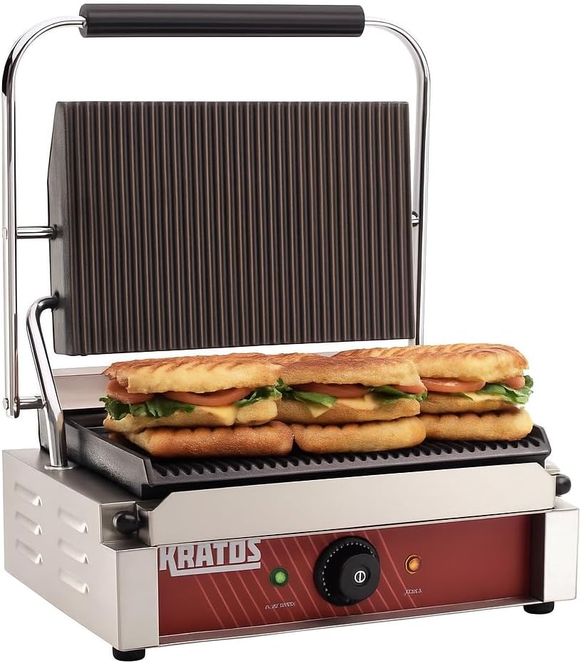 Kratos Commercial Electric Panini Sandwich Grill with Grooved Plates, 14 x 9 Cooking Surface, Commercial Countertop Panini Press, 120V, 1750W (29Y-020)