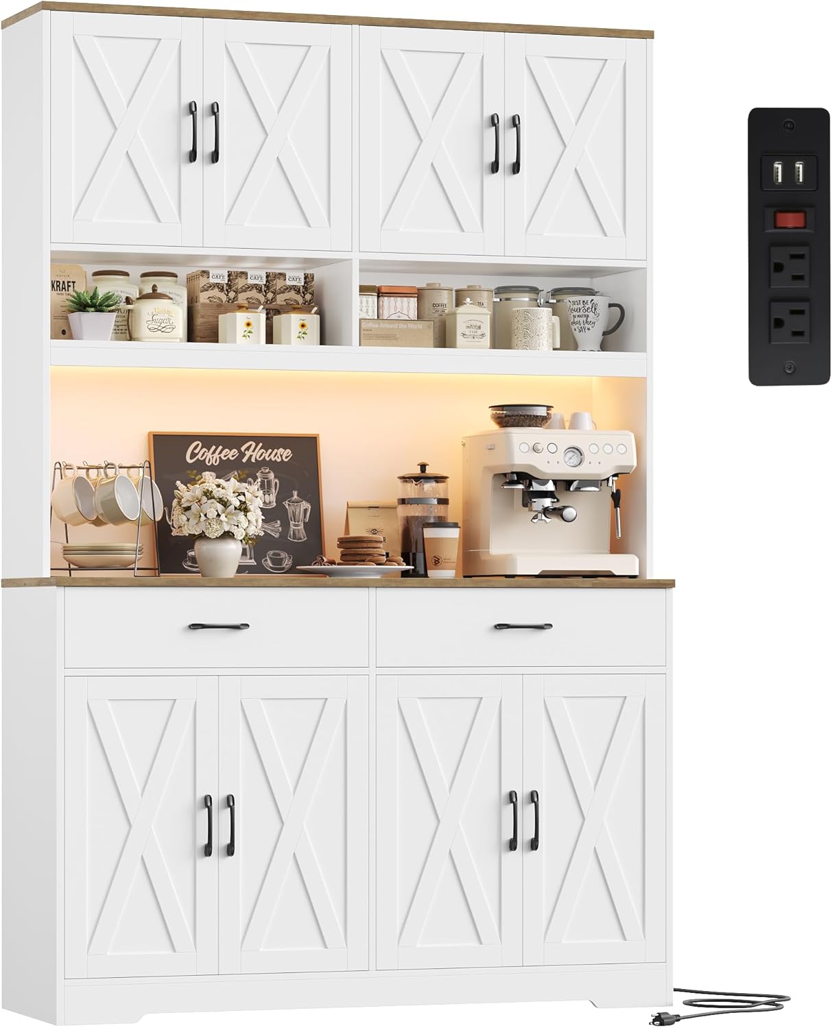 HOSTACK Modern Farmhouse Pantry Cabinet, 75 Tall Kitchen Pantry Storage Cabinet with Charging Station, RGB LED Light, Multi-Purpose Kitchen Storage Hutch Cabinets with Adjustable Shelves, White