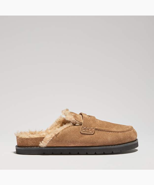 Goldy Honey - Faux Shearling Lined Backless Mule Suede Loafers