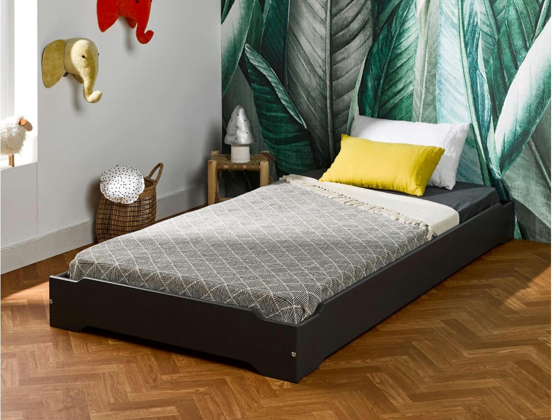 SCOTT - Lit enfant Montessori 90x190 en pin massif Ardoise