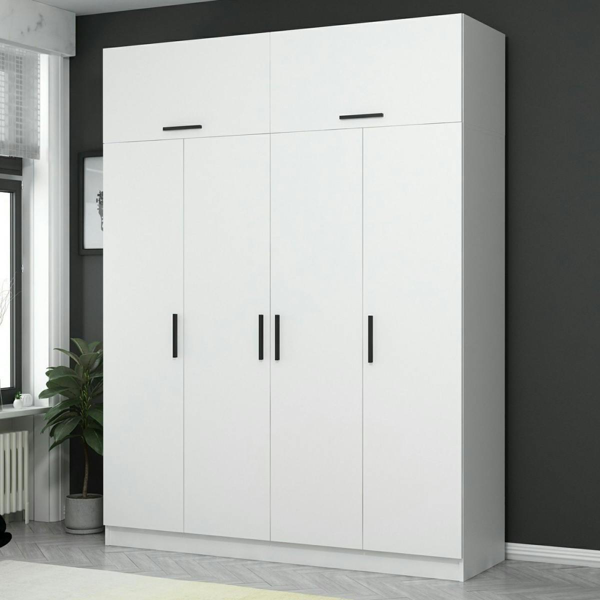 Armoire penderie blanche 6 portes, 1 portant 2 tiroirs BYRON