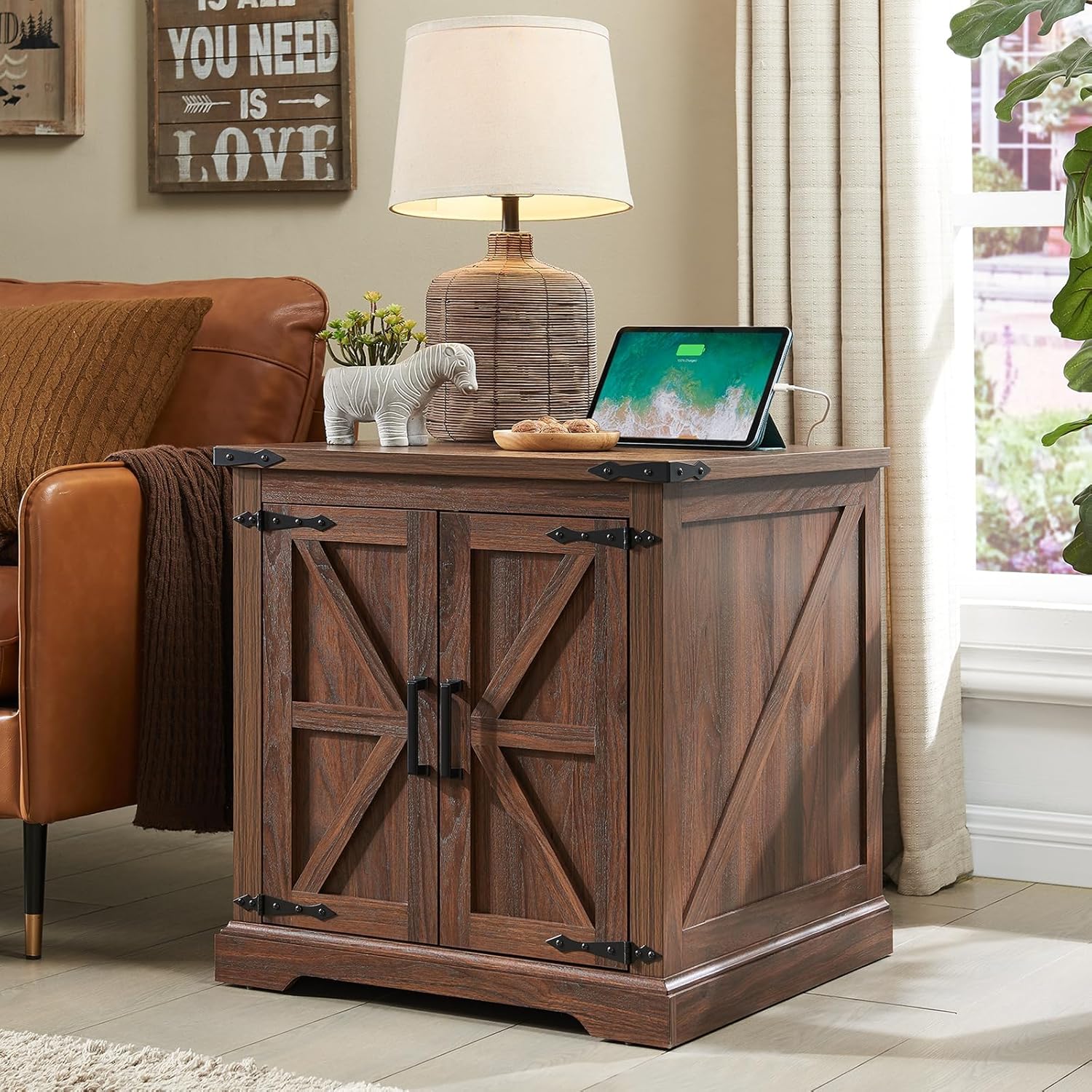Barnyatoh Farmhouse End Table with Charging Station,24 Large Sofa Side Table with Barn Door, Rustic Wood Square Nightstand Bedside Table with Adjustable Storage Shelf for Living Room, Bedroom,Walnut