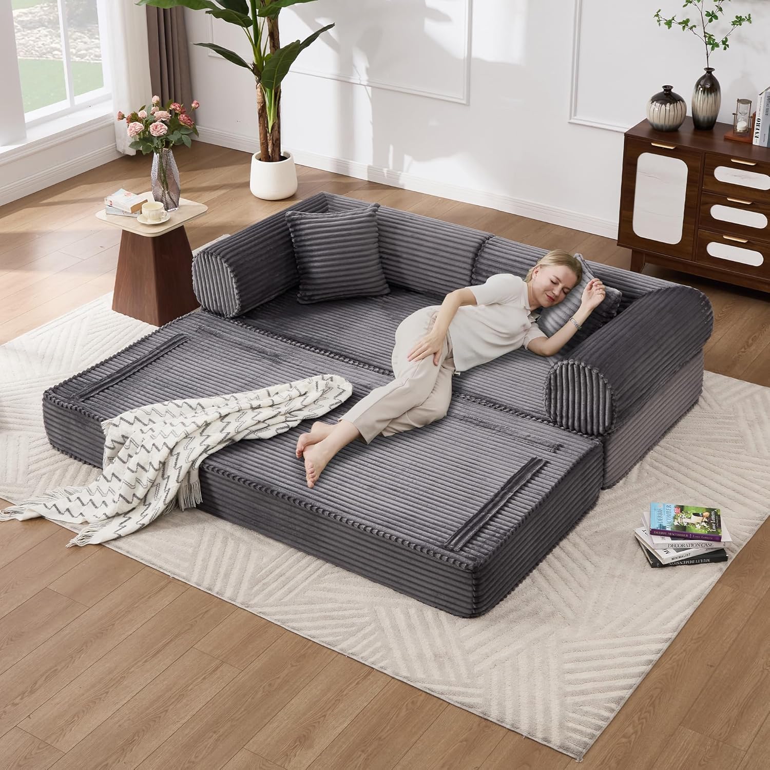 Tbfit Boneless Sofa Bed, Corduroy Compress Couch with Wide Armrests & 2 Pillows, Deep Seat Couches for Living Room, Gray