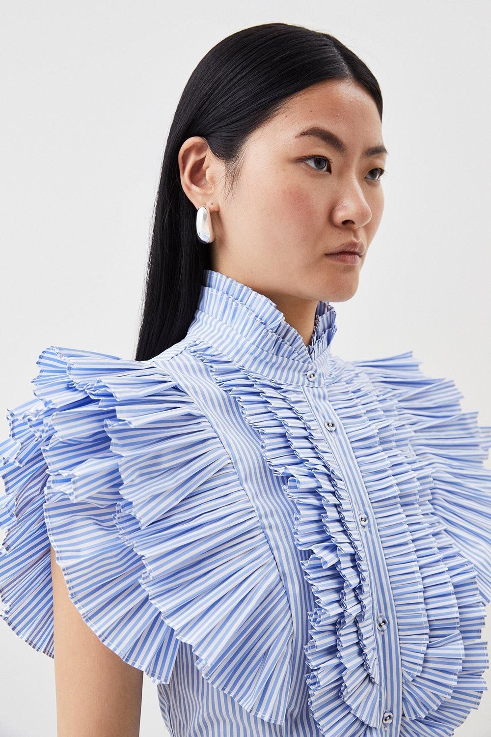 KarenMillen Sleeveless Striped Pleated Ruffle Blouse