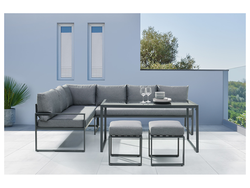 Zestaw mebli ogrodowych stalowych Evora sofa lewostronna narożna stół   2 siedziska z poduszkami