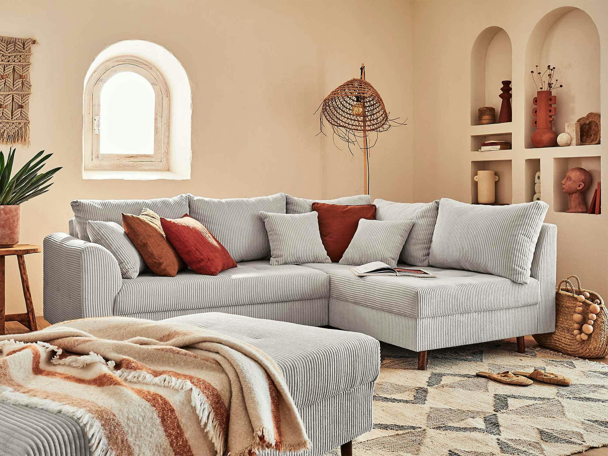 RUNE - Canapé d'angle droit convertible 4 places en velours côtelé gris clair