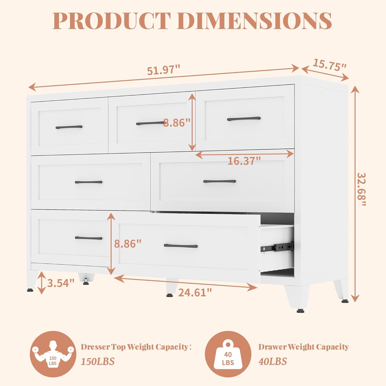 7-Drawer Dresser for Bedroom, 52 Wide White Steel Chest of Drawers with Anti-Tipping Design, Odor-Free Easy to Clean Storage Organizer for Living Room, Entryway, Hallway, Home Office