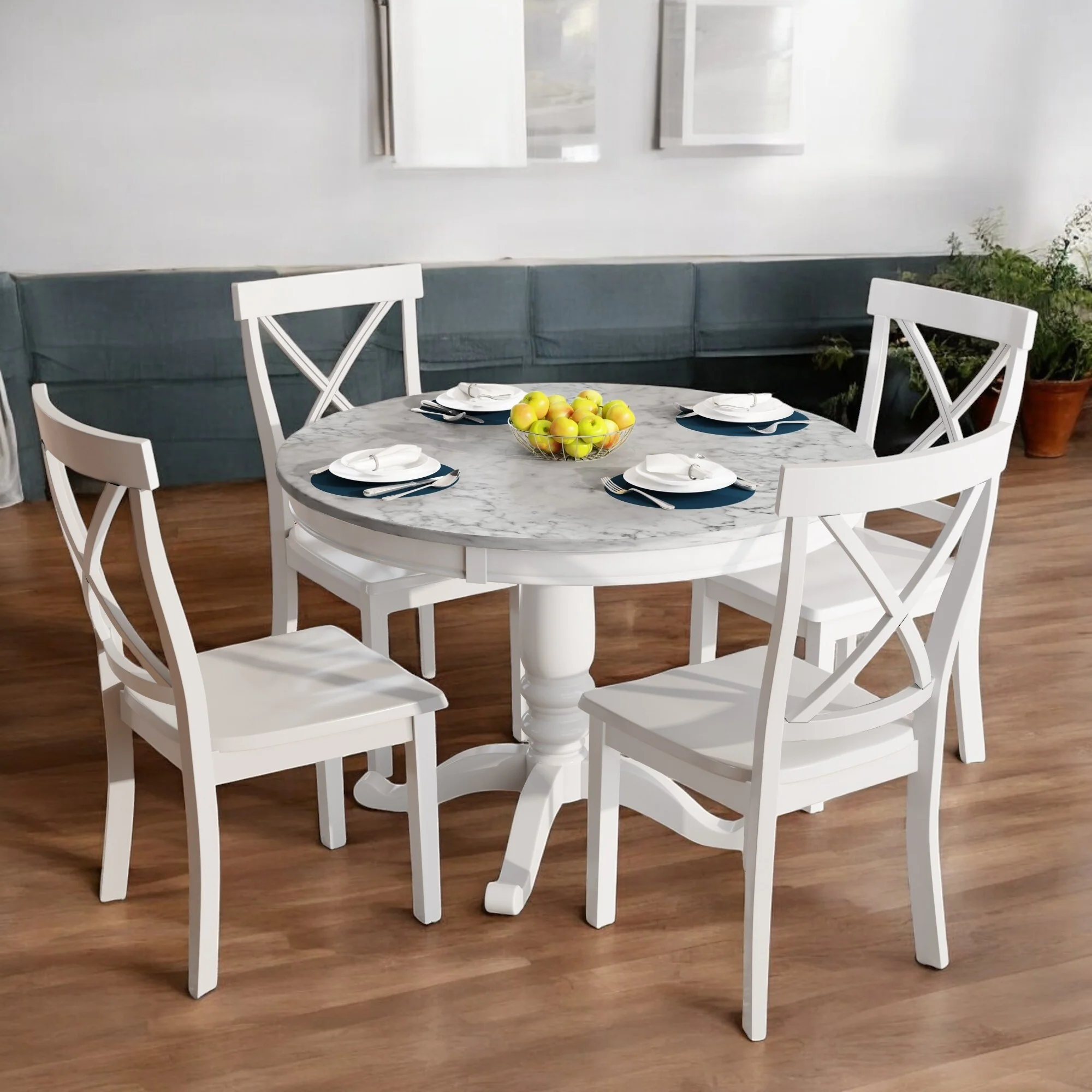 5-Piece Solid Wood Dining Table Set with 4 Chairs, Modern Marble-Style Table, Rubberwood Frame for Kitchen or Dining Room