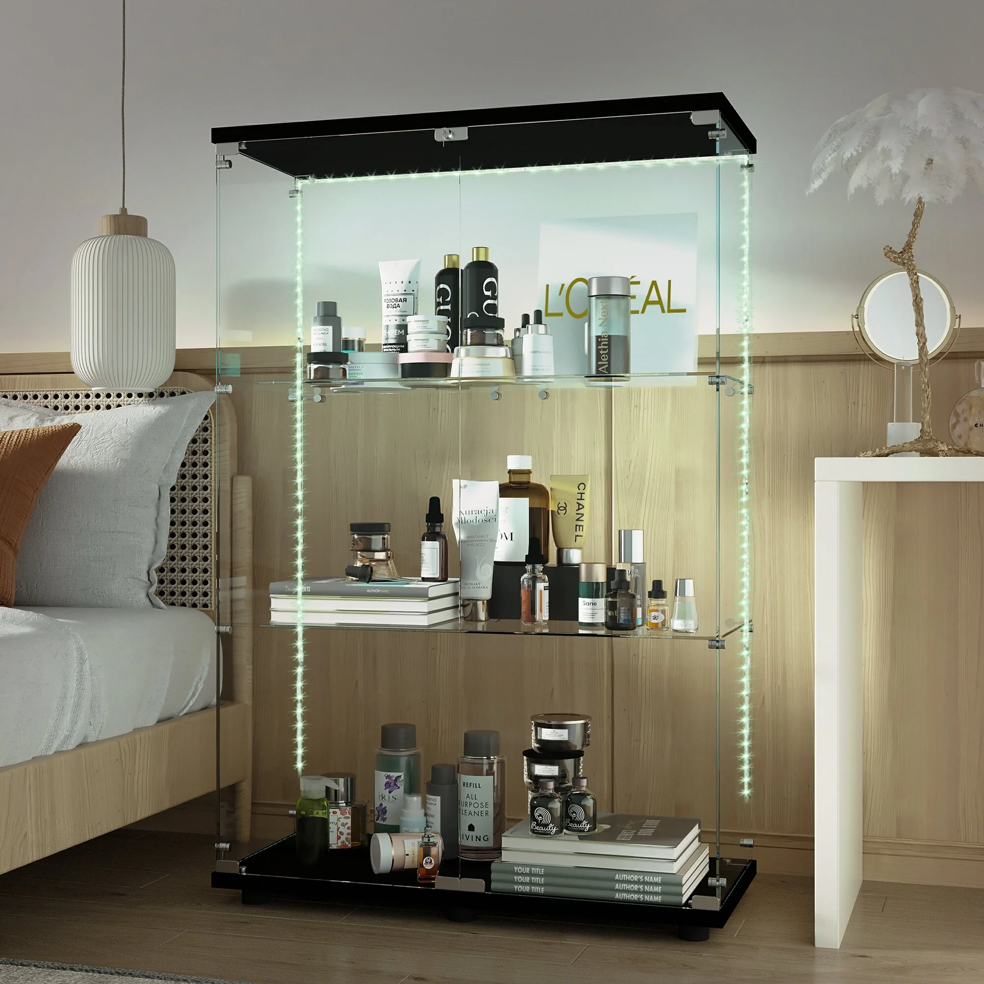Tempered Glass Display Cabinet,Wine Cabinet,storage Cabinet,File Cabinet,with Bluetooth LED Light Strip,Adjustable Floor Feet