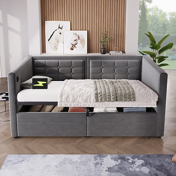 Lit Banquette 90x190 cm - Lit avec Coffre Hydraulique et Rangement, Station de Recharge USB et Type-C, Velours, Sans Matelas, Gris