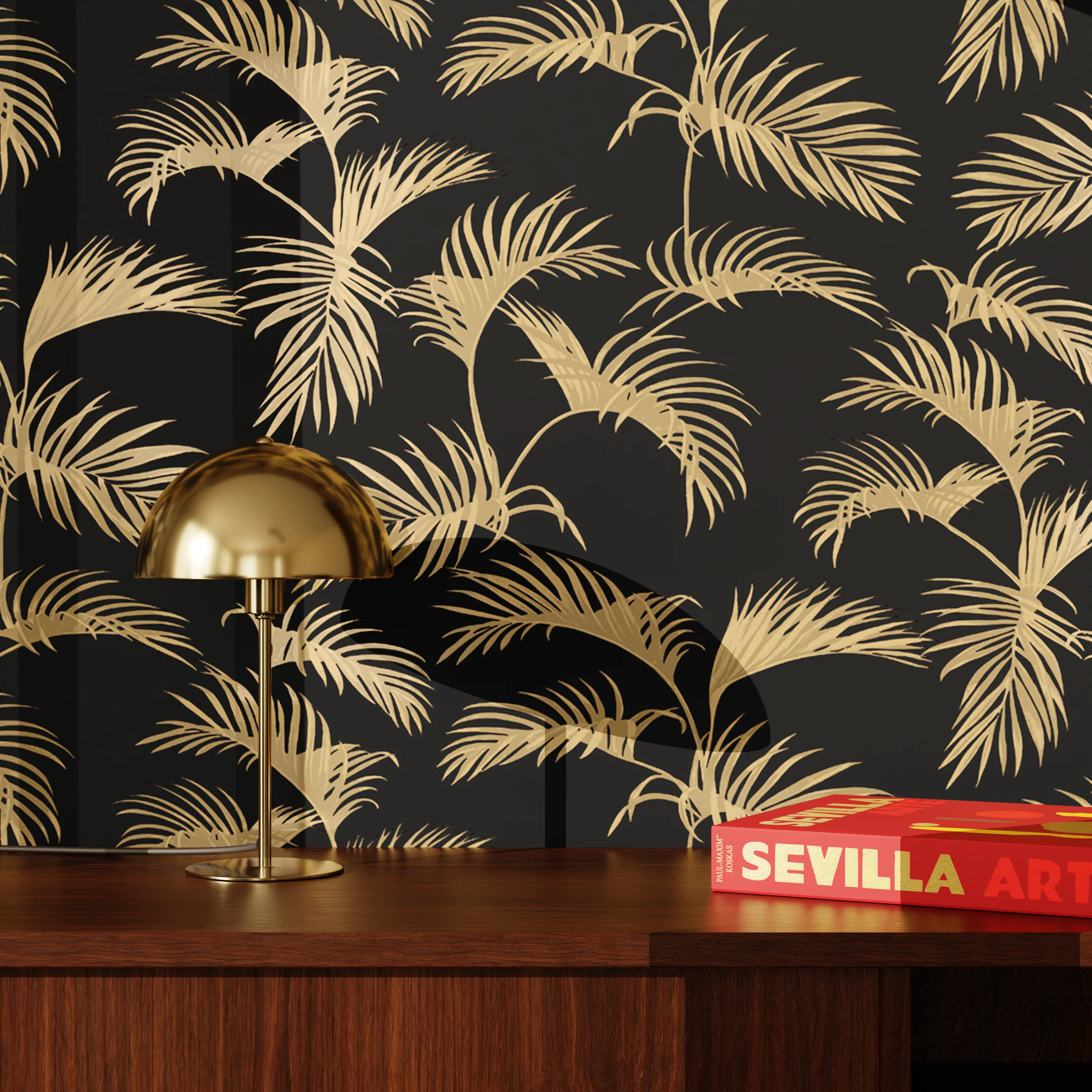 Caselio Papier peint intissé MOONLIGHT PALM noir et doré