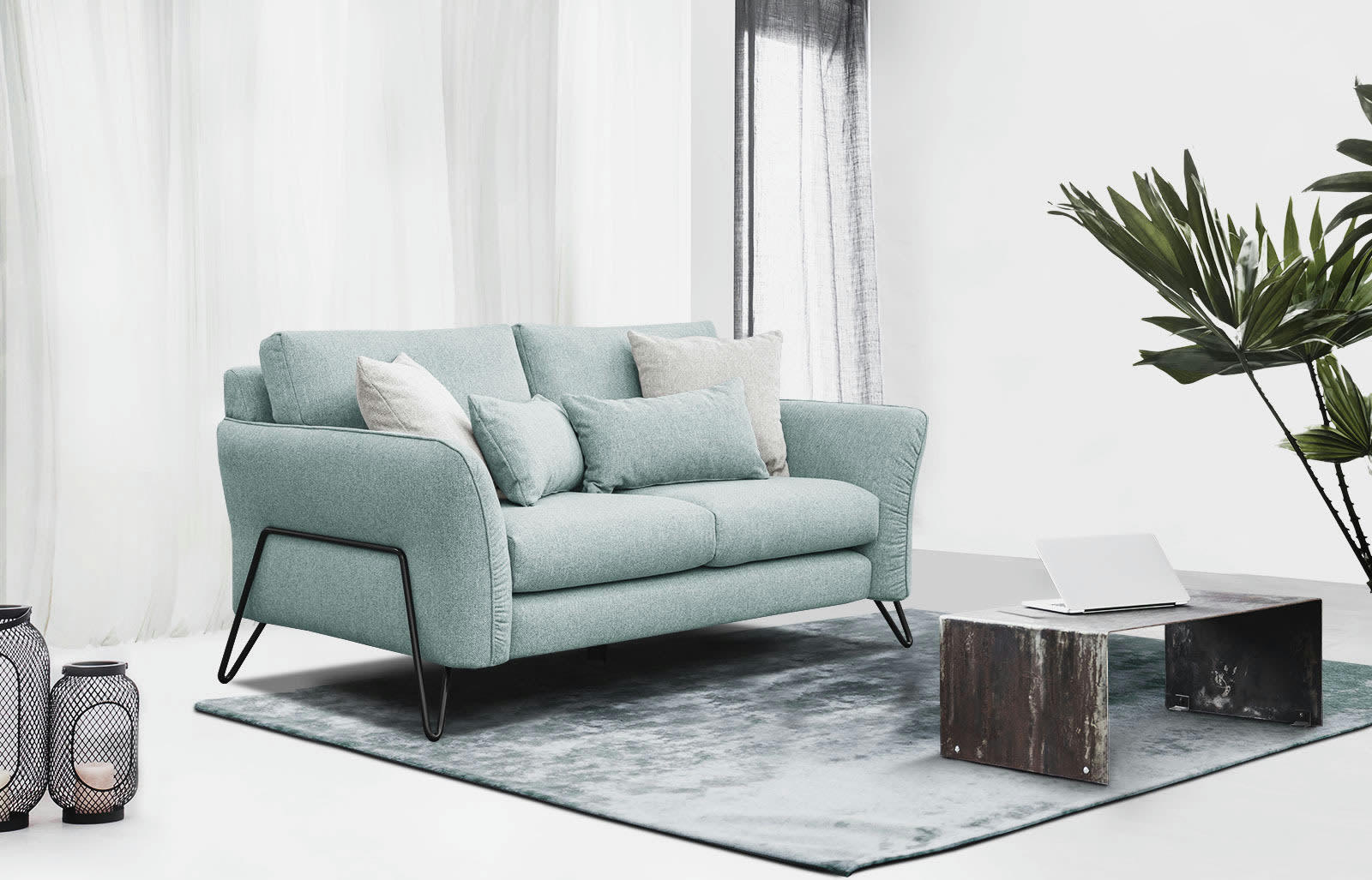 LOREM - Canapé droit 2 places tissu bleu turquoise