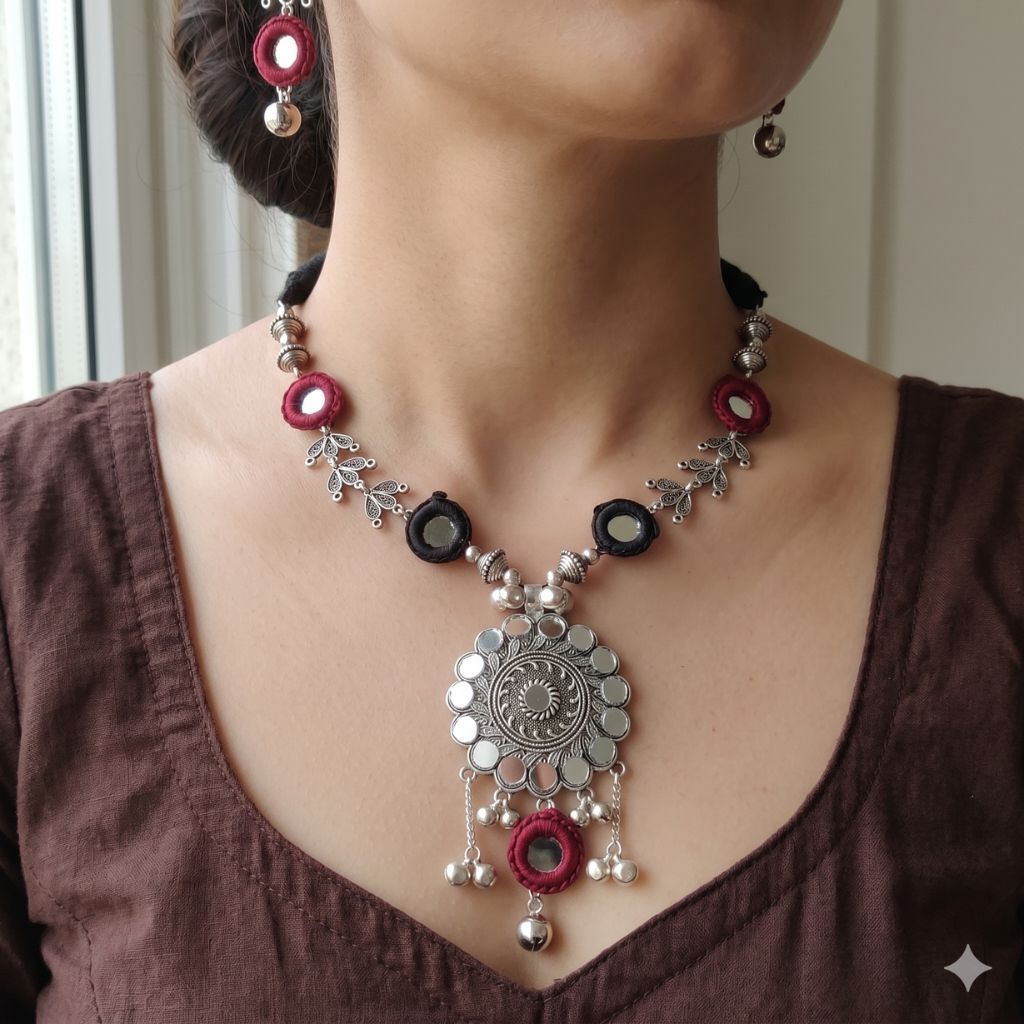 The Colourful Aura Silver Oxidized Mirror Pendant Necklace Set with Red Detailing