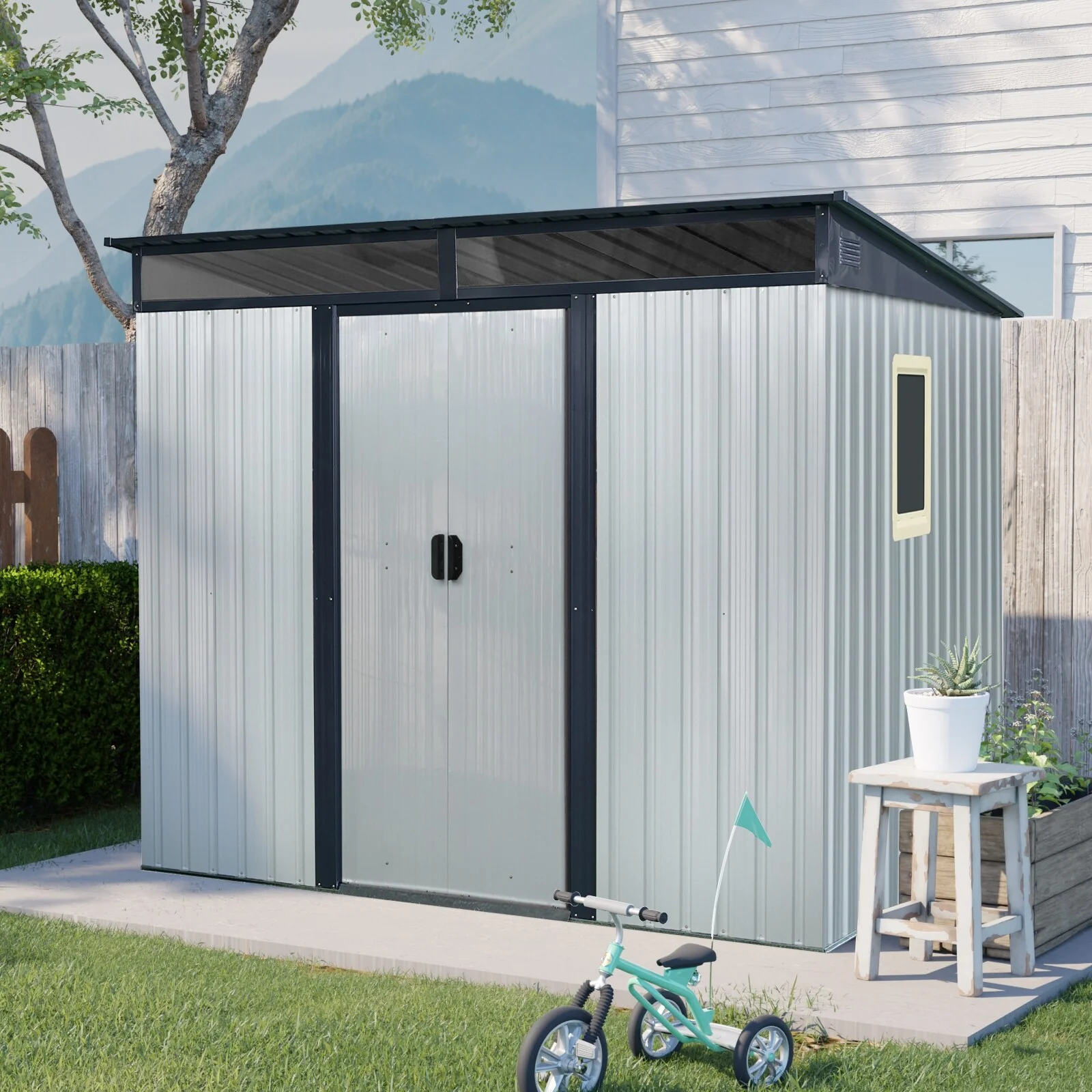 Galvanized Rustproof Steel Garden Shed Storage Shed with Lockable Sliding Door & Tilted Roof Waterproof Tool Shed